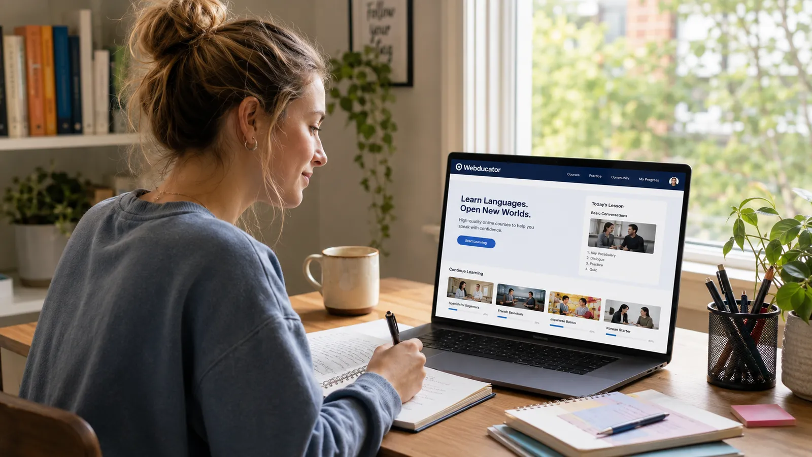A learner studying a language online with Webducator